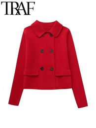 Costumes pour femmes Blazers TRAF Rouge Automne Femmes Tricoté Veste À Manches Longues Double Cardigan Boutonné Blazer Femme Manteau Court Crop Top Y2K 231208