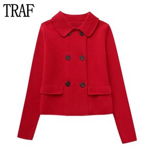 Womens Suits Blazers TRAF Rode Korte Blazer Vrouw Double Breasted voor Vrouwen Faux Wol Bijgesneden Jas Lange Mouw 231212