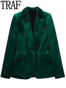 Costumes Femmes Blazers TRAF Velours Blazer Femmes Hiver 2023 Vert Couture Femmes Blazer Ensemble 2 Pièces À Manches Longues Chic Et Élégant Femme Veste 230113