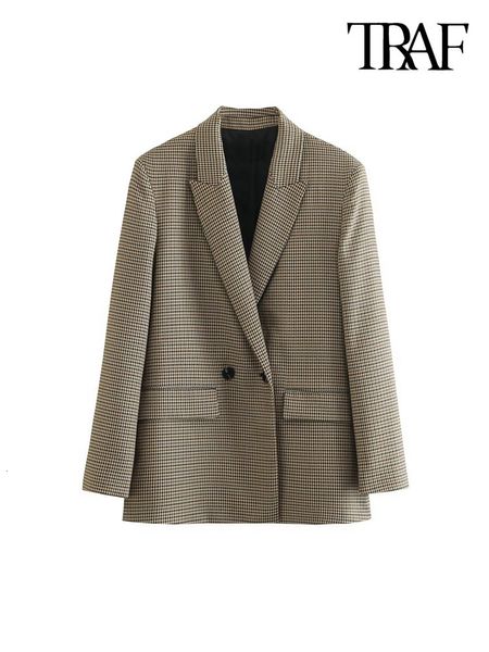 Women Suits Blazers TRAF femmes mode Double boutonnage Plaid Blazer manteau Vintage à manches longues rabat poches vêtements de dessus pour femmes Chic Vestes Femme 230904