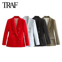 Women Suits Blazers TRAF femmes mode à manches longues double boutonnage veste printemps automne Chic femme mince poche Blazers costume manteau Mujer 231208