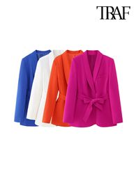 Costumes de femmes Blazers Traf Faquette avec la ceinture Front Bouton caché Blazer Blazer Mabouillage Vintage Long Manche de Welt Female Vêtements Chic d'extérieur 230817