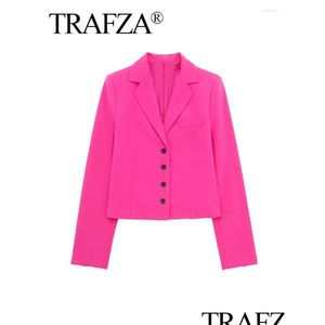 Costumes pour femmes Blazers Trafza Retro Lapel Single Basted Elegant Slim Fit Long Sleeve Blazer 2024 Spring Office Short Top Drop Livrot OTQUM