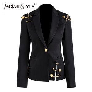 Dames pakken blazers twotwinstyle los fit black holllow pin gesplitste jas blazer revers lapel lange mouw dames jas mode herfst winter 230817