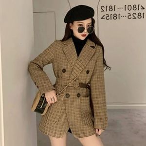 Femmes Costumes Blazers Vintage Houndstooth Veste Blazer Femmes Plaid Lady Costume Veste avec Ceinture À Manches Longues Femme Manteau Sur Mesure Street Wear 230113