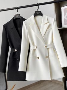 Dames pakken blazers witte dames pak jas herfst mode chique dubbele borsten slanke pakken met riem vintage kantoor blazer voor vrouwen elegant 230220