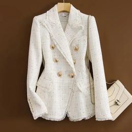 Dames pakken blazers dames elegante tweed blazer jas Franstijl met lange liet goud lijn pak jas dames temaperament dubbele borsten uit het dut meter 231019