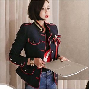 Femmes Costumes Blazers Femmes Bleu Marine Blazer Feminino Simple Boutonnage Arc Broche Costume Court Veste Bureau Dames Chic Mince Manteaux D'extérieur Manteau Otbd8