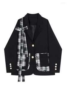 Costumes pour femmes Blazers Femmes Manteaux courts Plaid Patchwork Bow Designer Col rabattu Manteau à manches longues Mode coréenne Slim 2023 Printemps