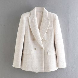Dames pakken blazers wxwt dames massief tweed dubbele borsten blazer jas lange mouw zakken bovenkleding vrouwelijke veer tops cd8395 230209