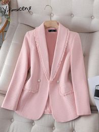 Dames pakken blazers yitimuceng roze voor vrouwen modekantoor dames dames lange mouw raapje vaste jas chic vintage burr slanke jassen 230817