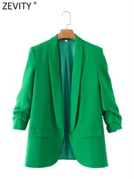 Costumes pour femmes Blazers Zevity Fashion Couleur solide Collier Notched Blazer Coat Office Lady Chic Plegs Three Quarter Sleeve simplement CT901 230817