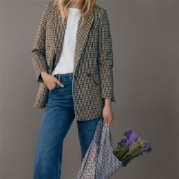 Dames pakken blazers zxqj dames mode dubbele borsten houndstooth jas vintage lange mouw kantoorkleding vrouwelijke bovenkleding chic tops 230815