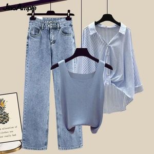 Pantalon denim d'automne d'été pour femmes Ensemble correspondant coréen élégant épissé de chemise à rayures en jeans de jambe 3 pièces 240412