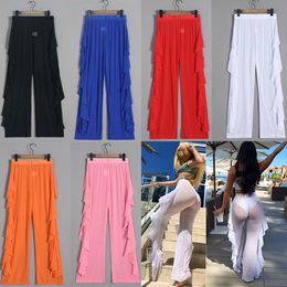 Pareos de bikini de verano para mujer Borde con volantes color puro pantalones de malla sexy transparentes stcy2120 traje de baño casual encubrimiento pantalones de vacaciones en la playa