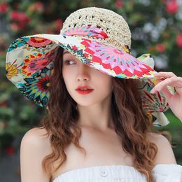 Seau d'été pour femmes pliage de mode paille Panamas UV Protection Soleil Visor Seaside Beach Hat Chapeaux d'été 240412