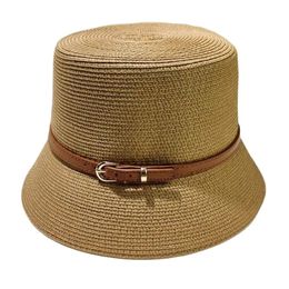 Dames zomer emmer hoed riem decoratie uv bescherming zonnedop vrouwelijke platte top strand hoeden stro derby reizen 240415