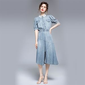 Womens Zomer Denim Jurk Kantoor Dame Vintage Kralen Korte Mouw Kant Turn Draai Collar Elegant Party ES 210520