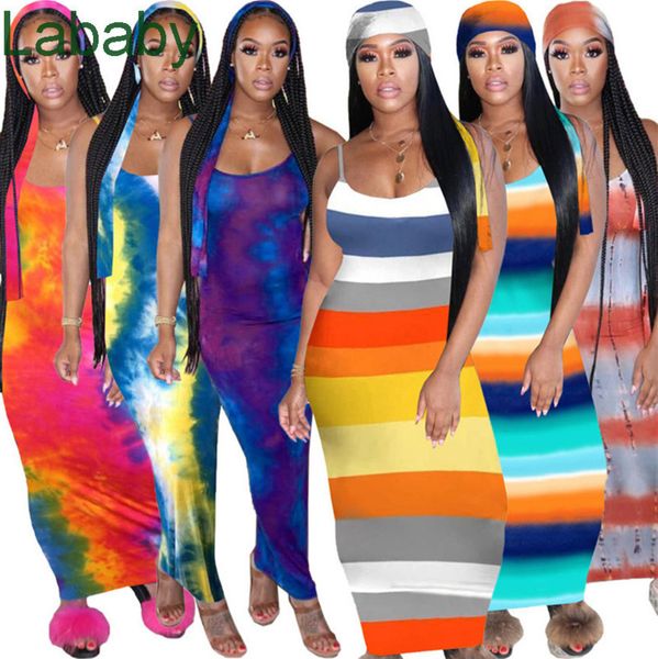 Femmes Robes À Rayures Designer Slim Sexy Spaghetti Strap Maxi Robe Sangle Tie Dye Sans Manches Plage Moulante Jupes Vêtements D'été Plus La Taille