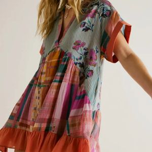 Dames zomer sprookje grunge jurk Boheemse bloemenprint korte mouw vneck flowy sundress strandkleding 240518