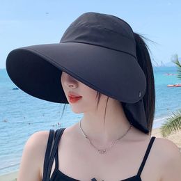 Chapeau d'été pour femmes pour une protection du cou uv largeur large chapeau de seau de plage pliable voyage poney voyage panama chapeau féminin 240429