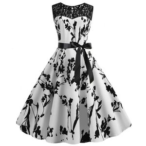 Dames zomer kanten kanten ronde nek mouwloze gedrukte vintage op grote swing jurk