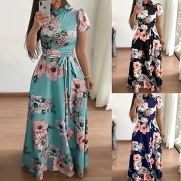 Super robe longue d'été pour femmes, décontractée, manches courtes, imprimé floral, col haut, à bandes, S5XL, 2023, 240308