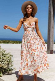 Dames zomer maxi long jurk strand boho jurken sexy v nek off schouder backless bloemen mouwloze spaghetti riem jurk 2021 g220510