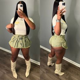 Dames zomer plus size short jurk jeans denim shorts pleit rok vrachtspant hoge taille 2024 zomerkleding y2k streetwear Jean short tie broek rok 9140