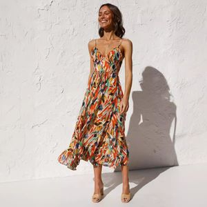 Dames zomer geprinte houten oor sexy suspener jurk