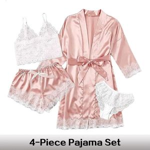 Femmes été Sexy pyjama pantalon ensemble 4 pièces dentelle Satin avec vêtements de nuit en soie Robe mode et vêtements de nuit confortables 240326
