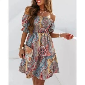 Dames zomer korte mouwen losse bohemian print uit schouder geplooide mini jurk party mode 240420