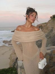 Femmes été Slash cou crème solaire Maxi robe 2024 Chic à manches longues moulante tricoté robes femme élégant vacances vêtements de plage 240314