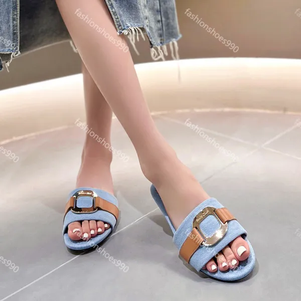 Femmes Summer Slipper Slides Dames Pantoufles Marque Designer Sandales Métal Boucle Ronde Cuir Denim Talon Plat Mode Casual Confort Tongs 35-41 avec boîte 10AA