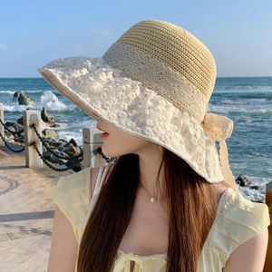 Femme d'été du soleil d'été respirant en mailles de couche protectrice de soleil de protection BOW BIG BRIM TRAVAIL CHAPE DE PLACE Souce Flower Fisherman Hat 240517