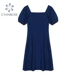 Femmes Summer Vintage Denim Crop Robe Col Carré Style Coréen Slim Bleu Élégant Mini Robes Nouvelle Fête Ins Midi Robes 210417