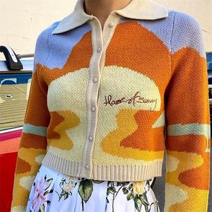 Womens Sunset Painting Cropped Cardigan Col à manches longues Pull boutonné Écolière e-girl Day Tripper Cardigan / 210204