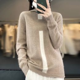 Suéteres para mujer 100% suéter de lana de visón con cuello levantado jersey superior de color primavera y otoño moda coreana ajuste cálido ajustado 231218