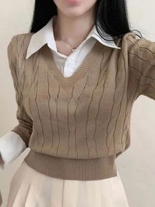 Damestruien Herfst Gebreide Trui Dames Preppy Stijl Nep Tweedelige Trui Koreaanse Mode Lange Mouw Top Vrouwelijk Elegant Patchwork Shirt 231218