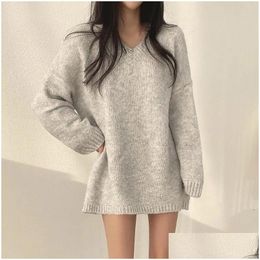Panks pour femmes automne femmes hiver en tricot à la mode coréenne surdimensionnée simple V simple Plèvre harajuku manches bouffantes solides