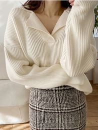 Dames truien herfst winter vrouwen gebreide geribbelde losse kasjmier trui vneck longslesved pullovers solide vrouwelijke jumpers 230822