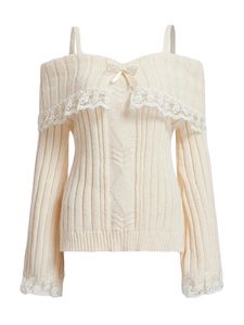 Damessweaters met koude schouder en lange mouwen, contrasterend kant, gebreide truien, trui met strik aan de voorkant, tops 231202