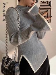 Chandails pour femmes couleurs contrastées mince femme pull pull col roulé manches évasées pull automne hiver fente latérale élégant Chic haut tricoté 231007