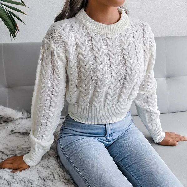 Suéteres para mujer Crop Cable Knit Suéter blanco Manga larga Cuello redondo Jersey Mujer Jumper Soft Girls Otoño Invierno Grueso Prendas de punto cálidas 231115