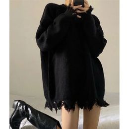 Suéteres para mujer Deeptown estilo gótico punk suéter de punto negro súper grande cuello redondo gótico grunge lacado moda coreana Top de manga larga 231213