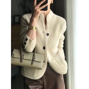 Pulls pour femmes automne et hiver européen épaissi 100% pur cachemire Cardigan col debout pull lâche tricoté bas manteau