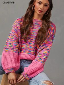 Suéteres para mujer Suéter a rayas de moda Tops de manga larga de punto rosa Jerséis de cuello redondo informales Otoño Invierno en prendas de punto 231024