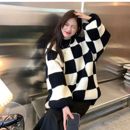 Suéter feminino gidyq feminino xadrez suéter de malha outono coreano casual quente solto manga comprida top feminino streetwear todos os relógios jumper 231219