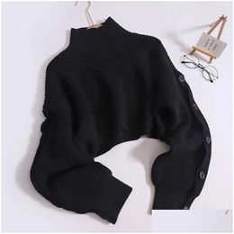 Suéteres de mujer Hikigawa Fashion Fashion Vintage Half High Collar Sweater Coreano Lintería Botón de manga larga hacia arriba Drop de Dhoq2