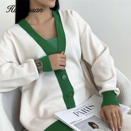 Femmes Chandails Hirsionsan Printemps Automne Patchwork Tricot Cardigans Femmes Simple Poitrine Vintage Coréen Femme Outwear Vêtements 220906